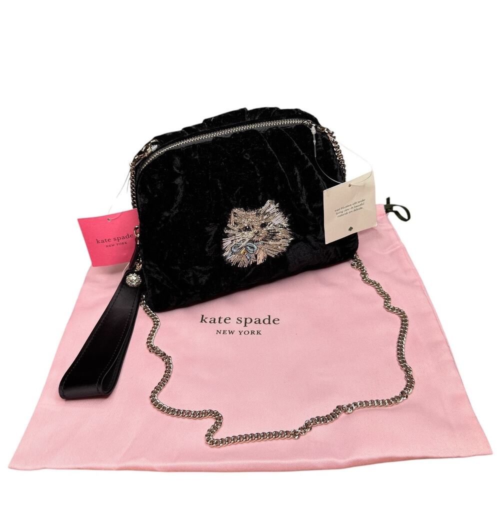 Kate Spade Party Velvet Cat Clutch Crossbody Black Beaded Cat NWT PXR00262